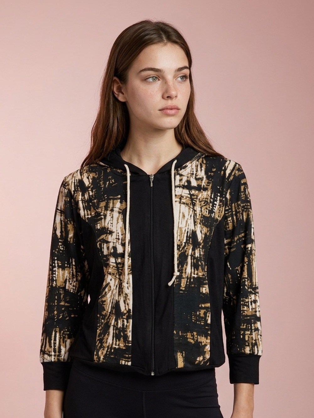 Clientele Vintage Black Gold Abstract Print Zip-Up Hood Athleisure Jacket Size M